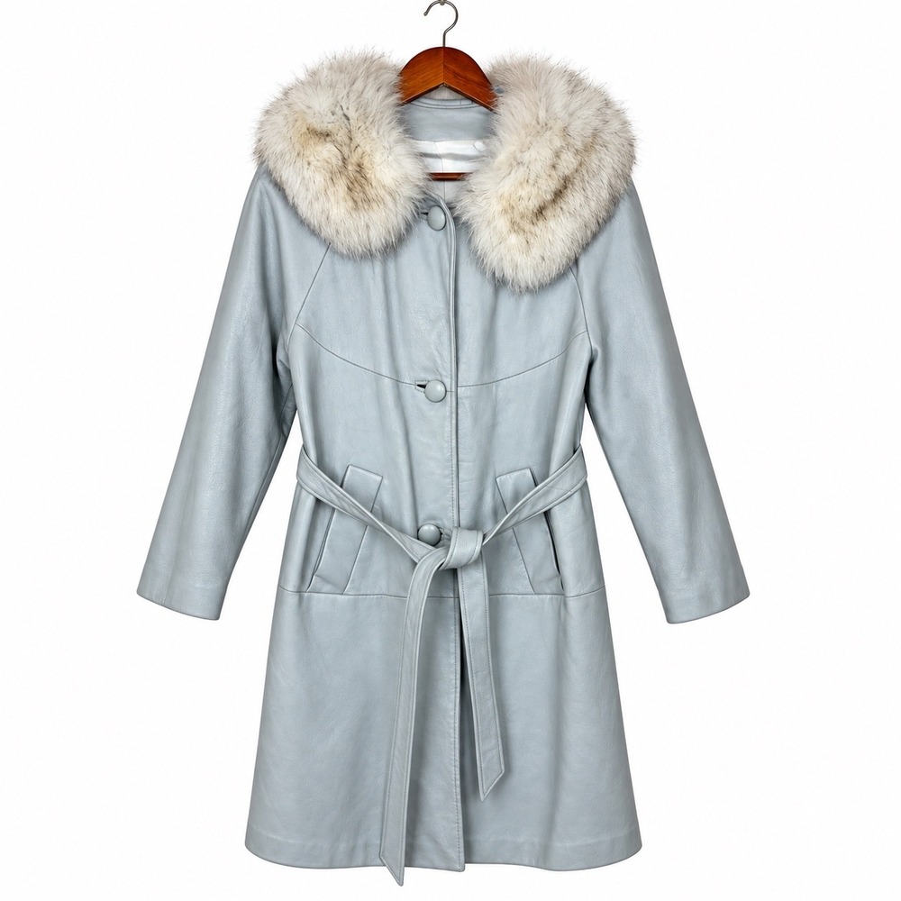 Vintage 70s Coat Sz M Genuine Leather Fox Fur Collar Penny Lane Mob Wife Retro